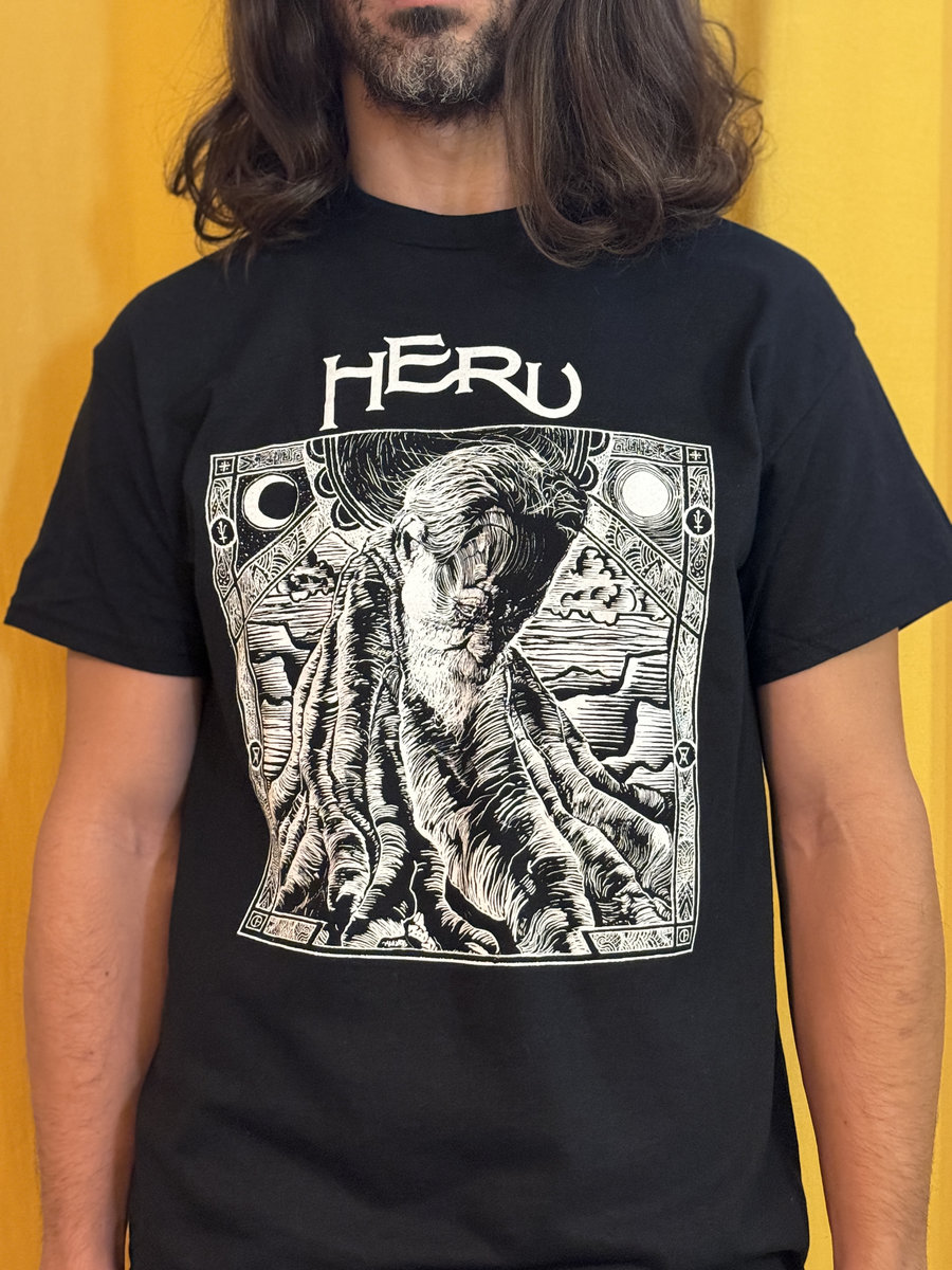 Black Heru t-shirt with the Hermit woodcut artwork printed in white